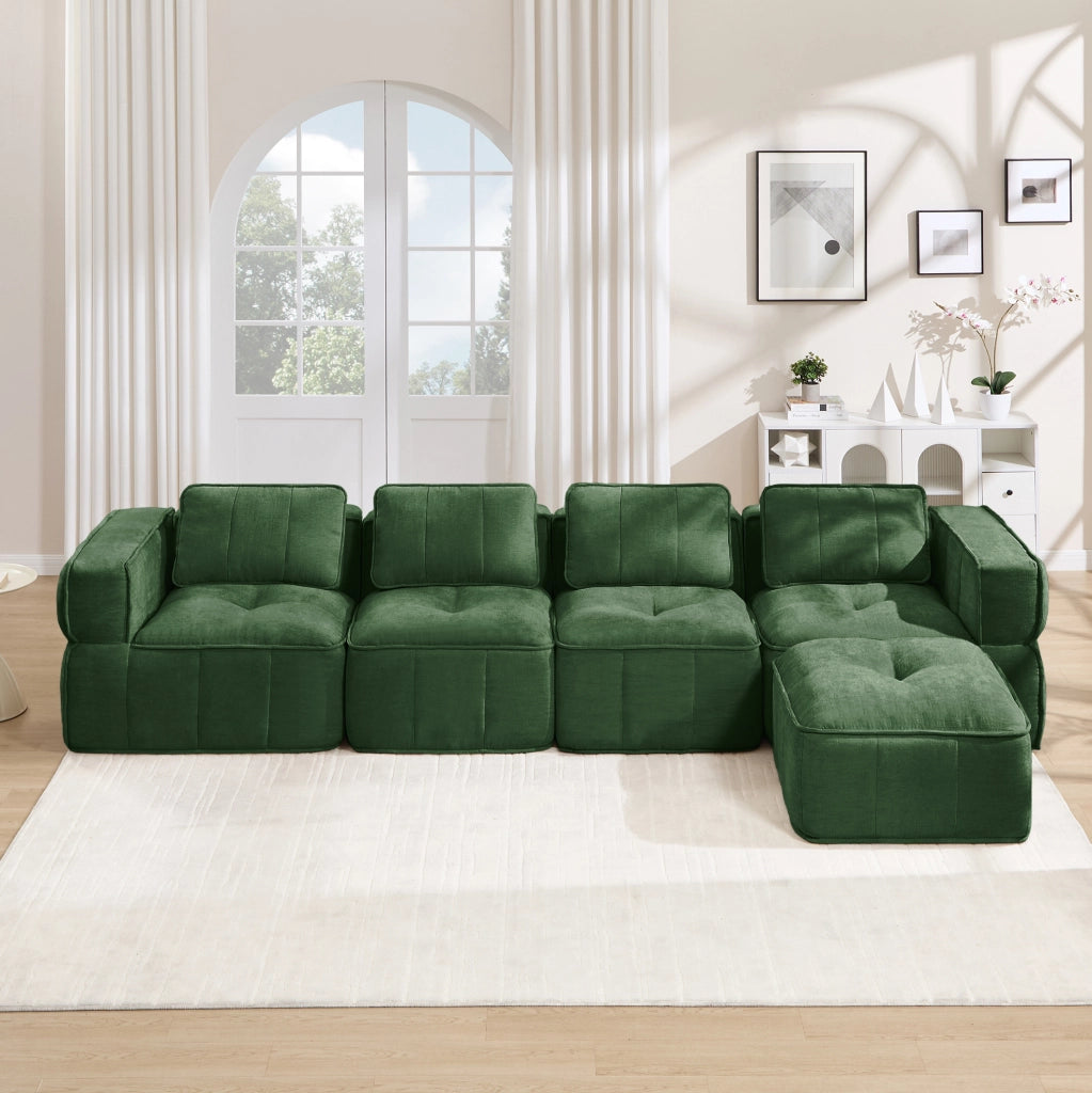 Divano modulare angolare con pouf 344x162x67 cm in poliestere verde; design senza telaio