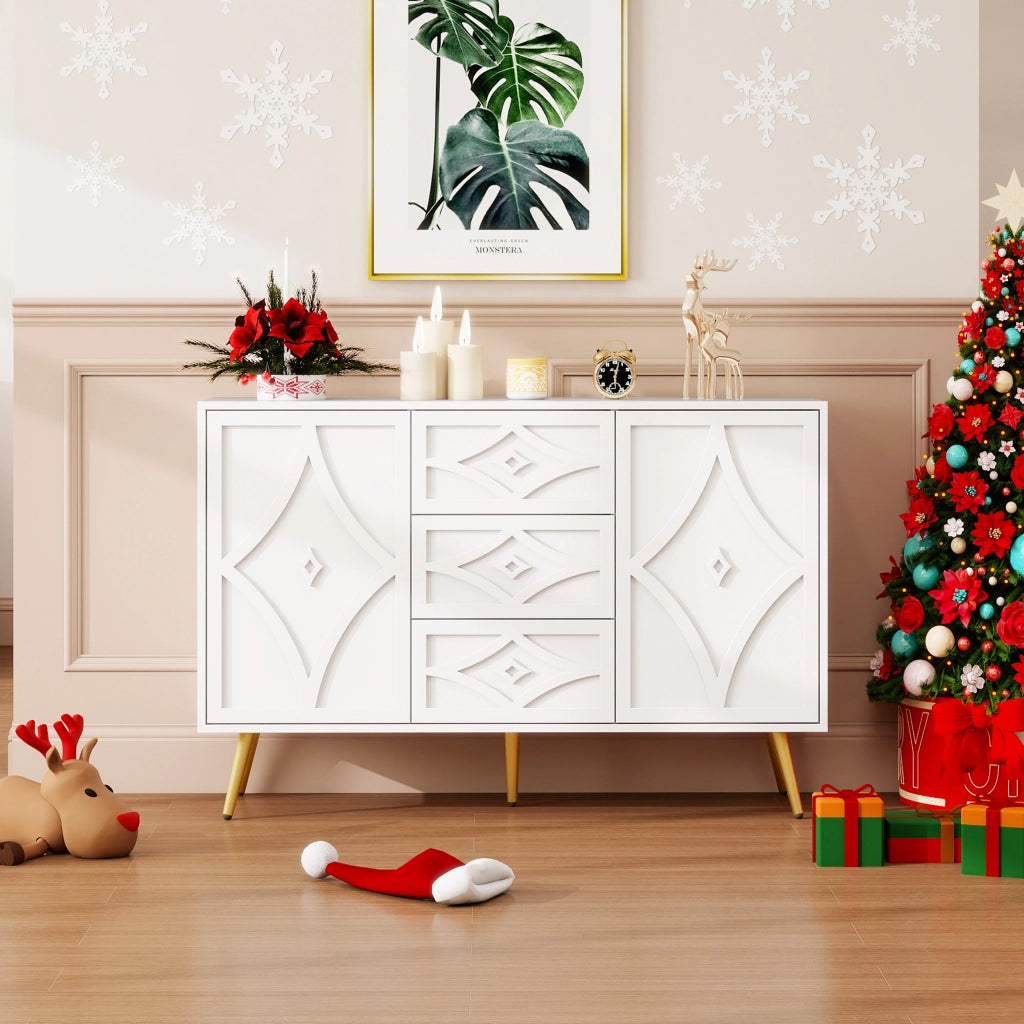 Cassettiera con Ante ¨C MINIMAL ¨C Bianco, Metallo Dorato, 3 Cassetti 2 Ante, 120x40x80, Design Moderno