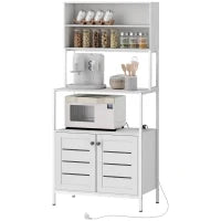 Mobile Dispensa con Ripiani, Armadietti e 2 Prese di Ricarica, in Legno e Acciaio, 80x42x171 cm, Bianco