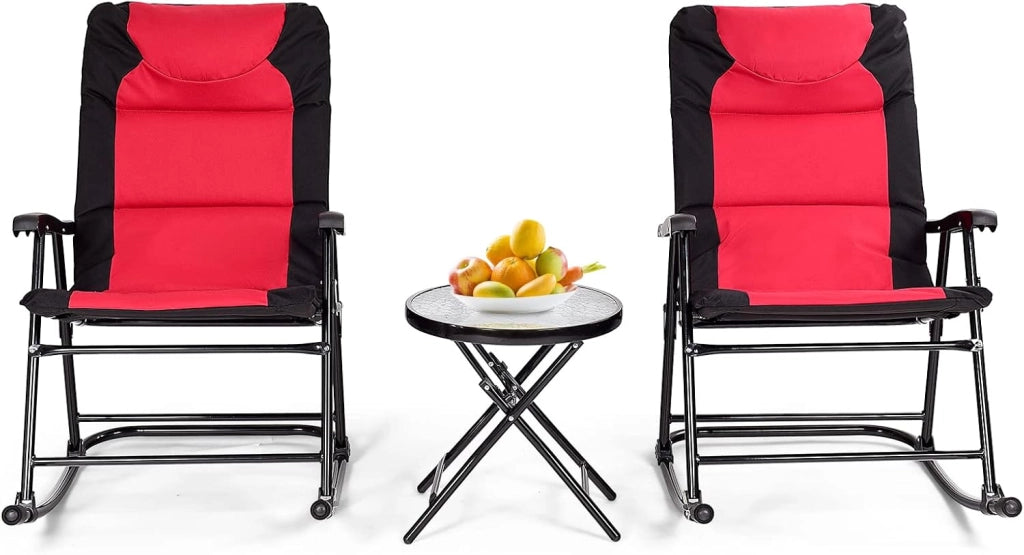 Set di 3 sedie a dondolo, pieghevoli, da balcone, con 1 tavolino e 2 sedie a dondolo, da giardino, per esterni, balcone, set per 2 persone, per balcone, giardino (rosso)
