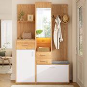 Mobile da ingresso con specchio LED panca appendiabiti e ribalta per scarpe in MDF bianco naturale 120 × 32 × 178 cm