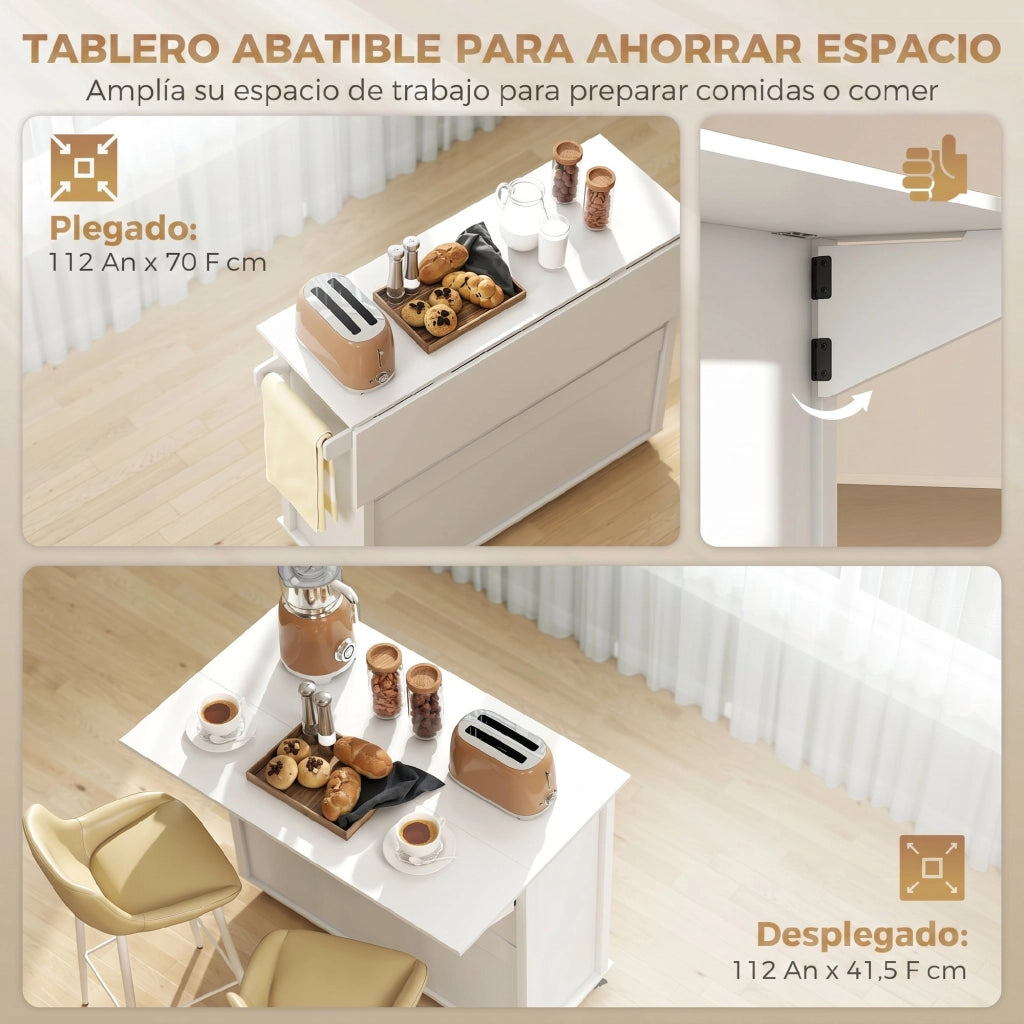 Mobile Cucina con Ruote e Anta a Ribalta ¨C zephmum ¨C Bianco 117.5x70x91 cm