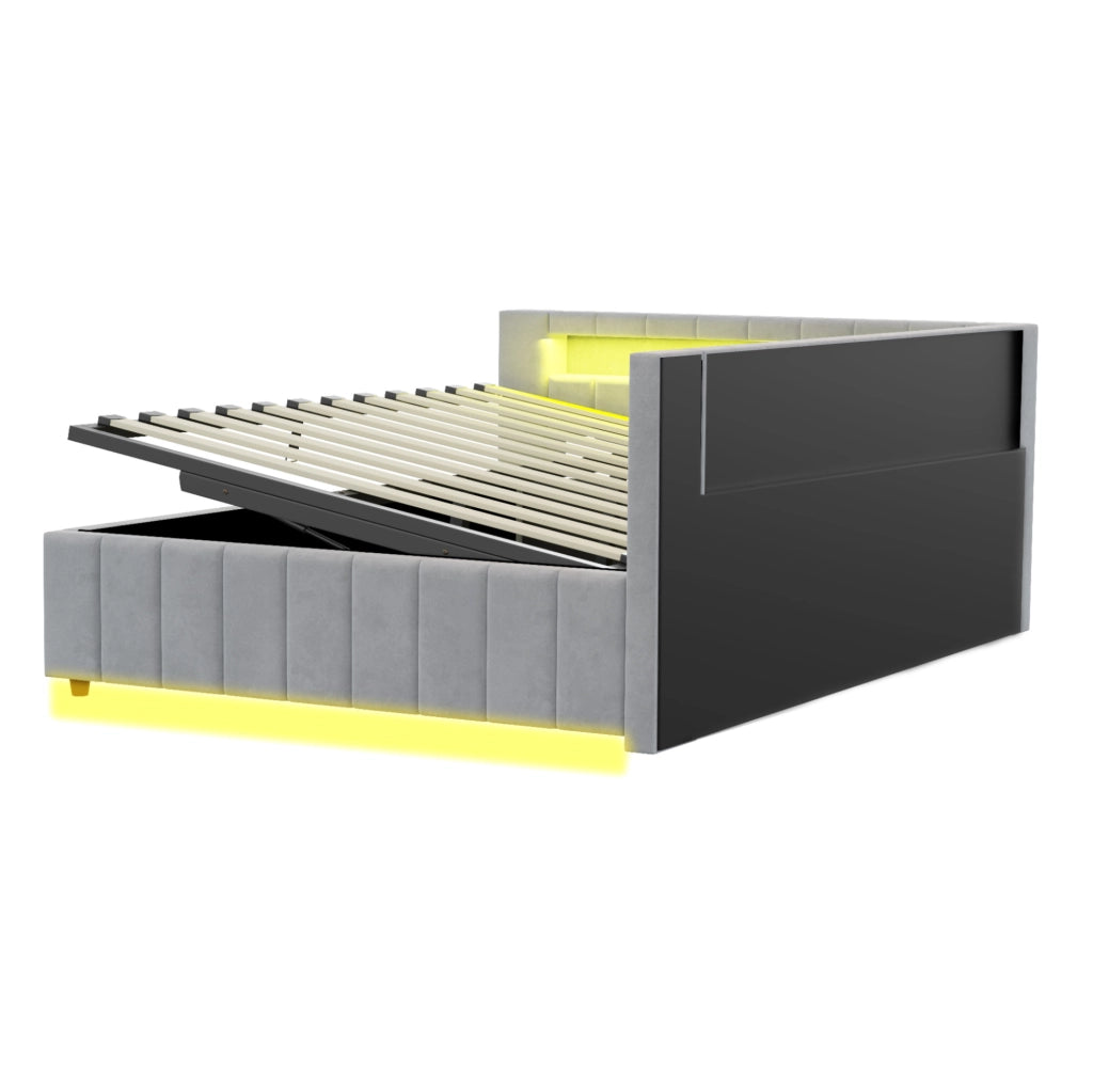 Letto imbottito 140x200 cm con contenitore idraulico; LED e USB; velluto grigio (Senza materasso)