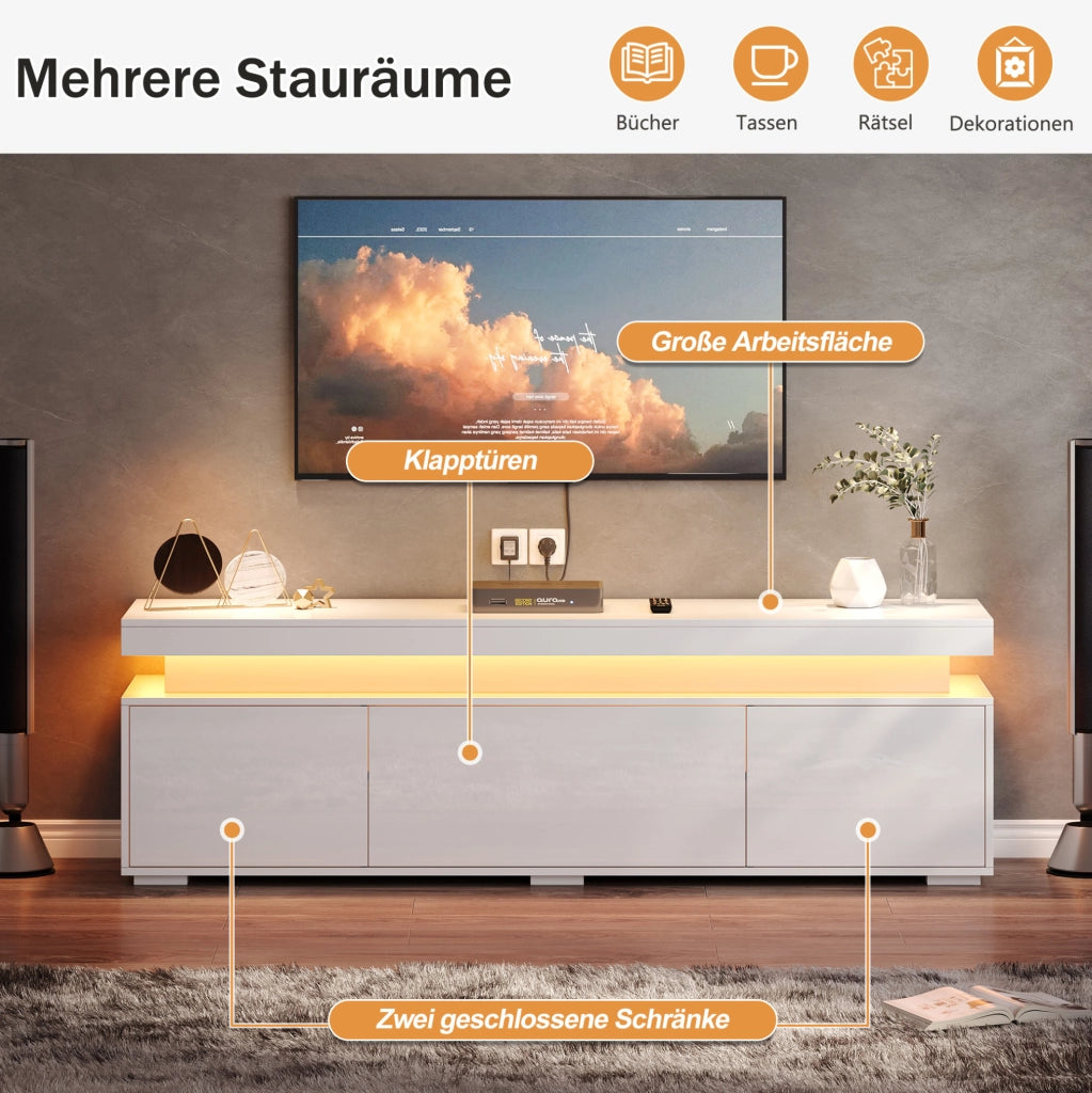 Mobile TV freestanding 150x35x43 cm con 3 ante e LED; bianco