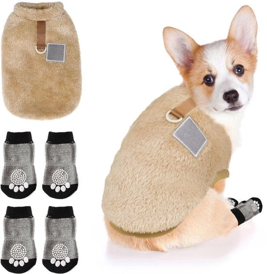 Abbigliamento per animali domestici a forma di conchiglia - Giacca in pile 25 cm - Calze per cani 4 pezzi - Caldo per cani piccoli - Adatto per Yorkshire Terrier - Comfortevole e idrorepellente - Abbigliamento per cani