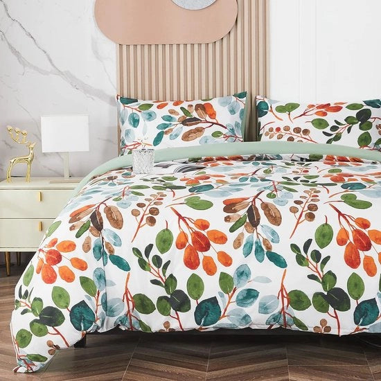 Set da letto con tessuto microfibra 100% con motivi foglie e foglie, 1 coperta da letto 220x240 cm con 2 cuscini 50x70 cm e chiusura a righello, set da letto multicolore morbido verde moderno.