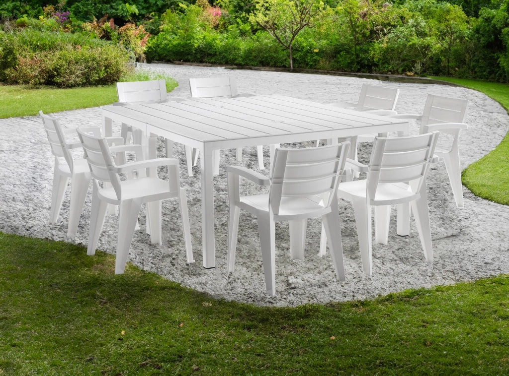 Tavolo da esterno Campana, Base per picnic, Piano da pranzo da giardino multiposizione, Banco outdoor multiuso, Made in Italy, 292x86 h74 cm, Bianco
