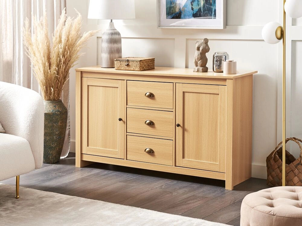 Credenza a 2 ante in truciolare di legno chiaro 2 armadi e 3 cassetti in stile tradizionale