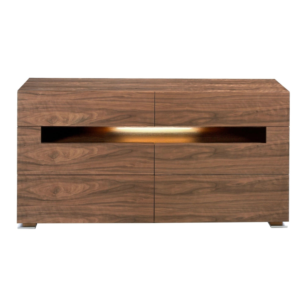 Credenza in noce e acciaio lucido con illuminazione interna