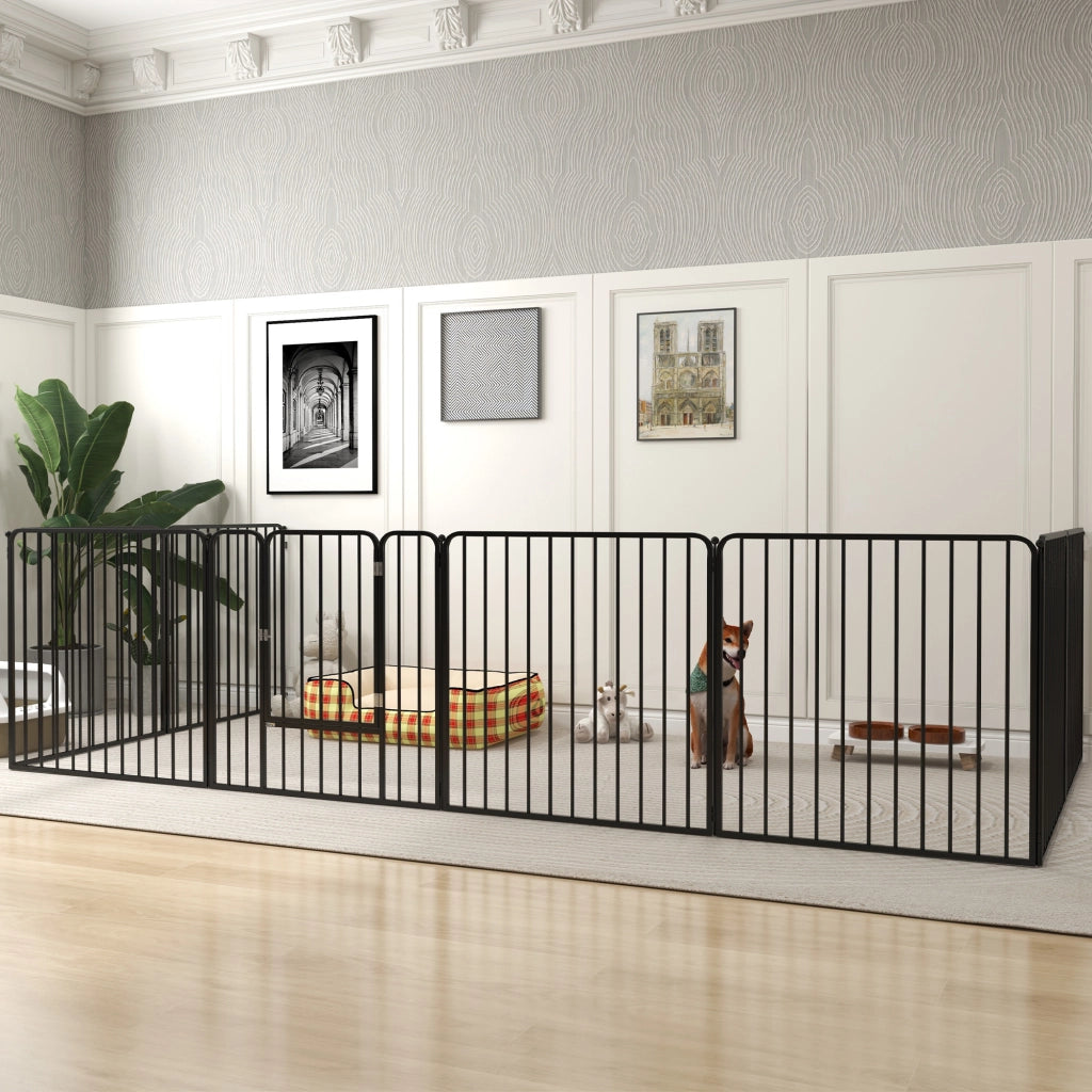 Box per Cani 164x164x80 cm a 8 Pannelli Modulabili con 9 Picchetti in Acciaio Nero
