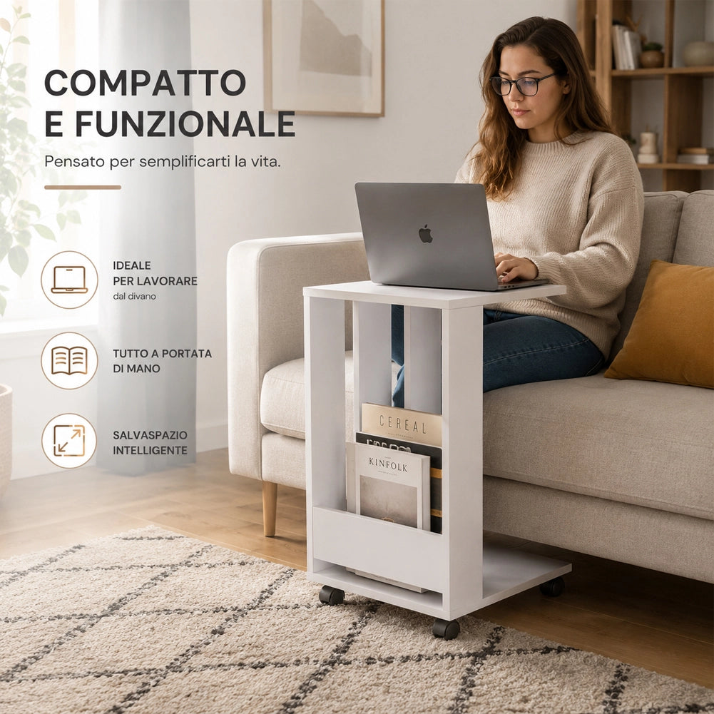 Tavolino Ausiliario con Ruote Design Moderno Mobile Letto Divano Colore Bianco