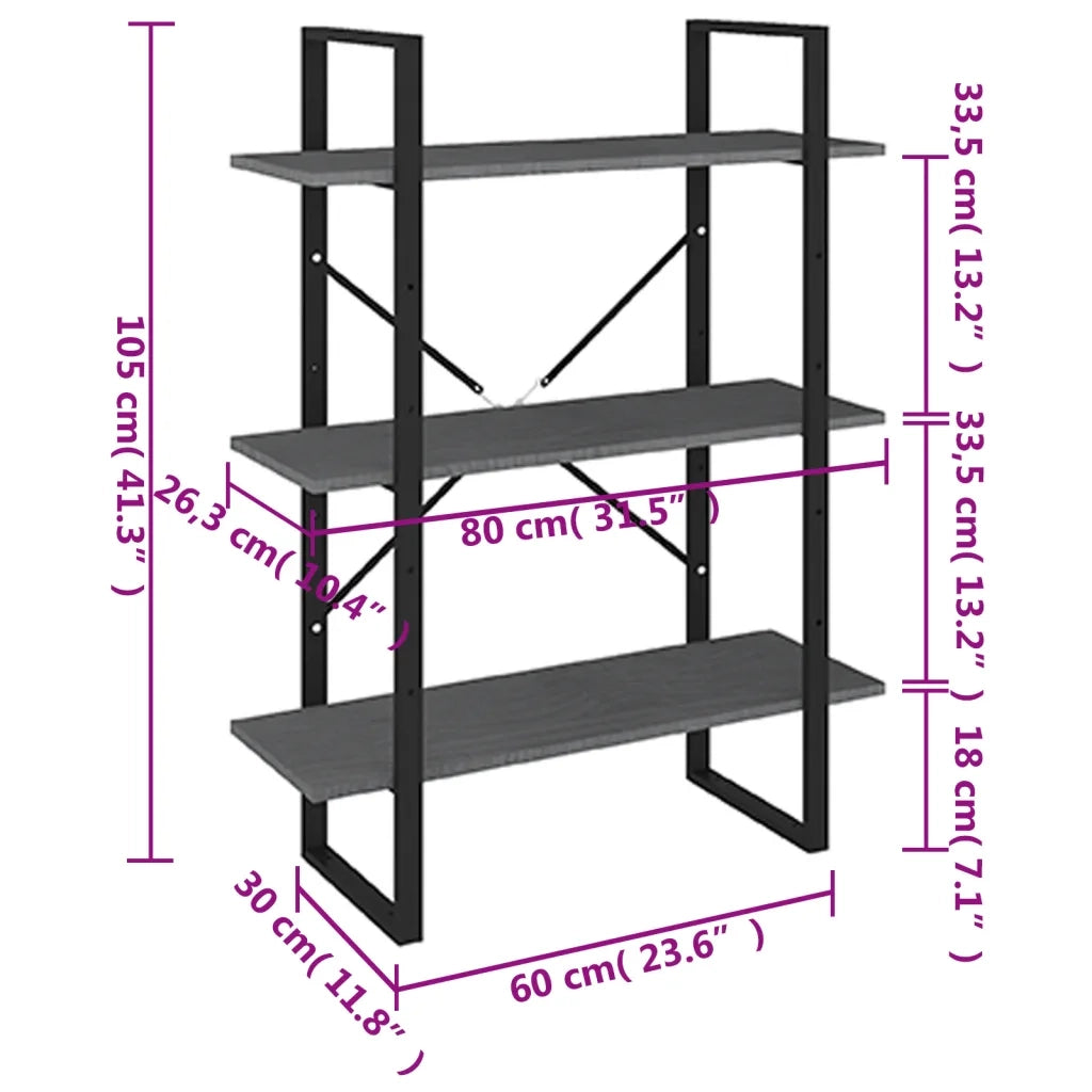 Libreria a 3 Ripiani-Scaffale per Libri-Mobile di Stoccaggio Grigia 80x30x105 cm in Massello di Pino