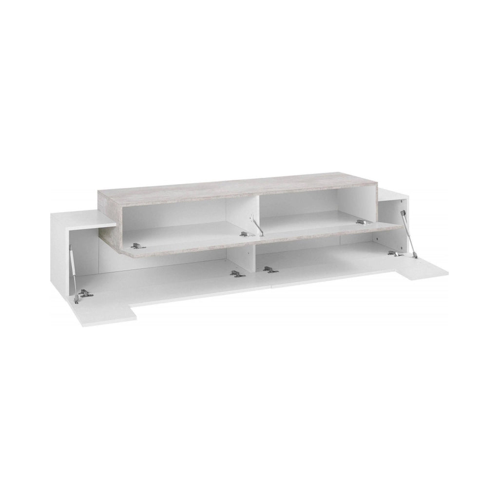 Mobile da soggiorno Porta Arold, Made in Italy, Supporto per Arold da salotto a 3 ante e ripiani, cm 200x45h52, Bianco lucido e Cemento