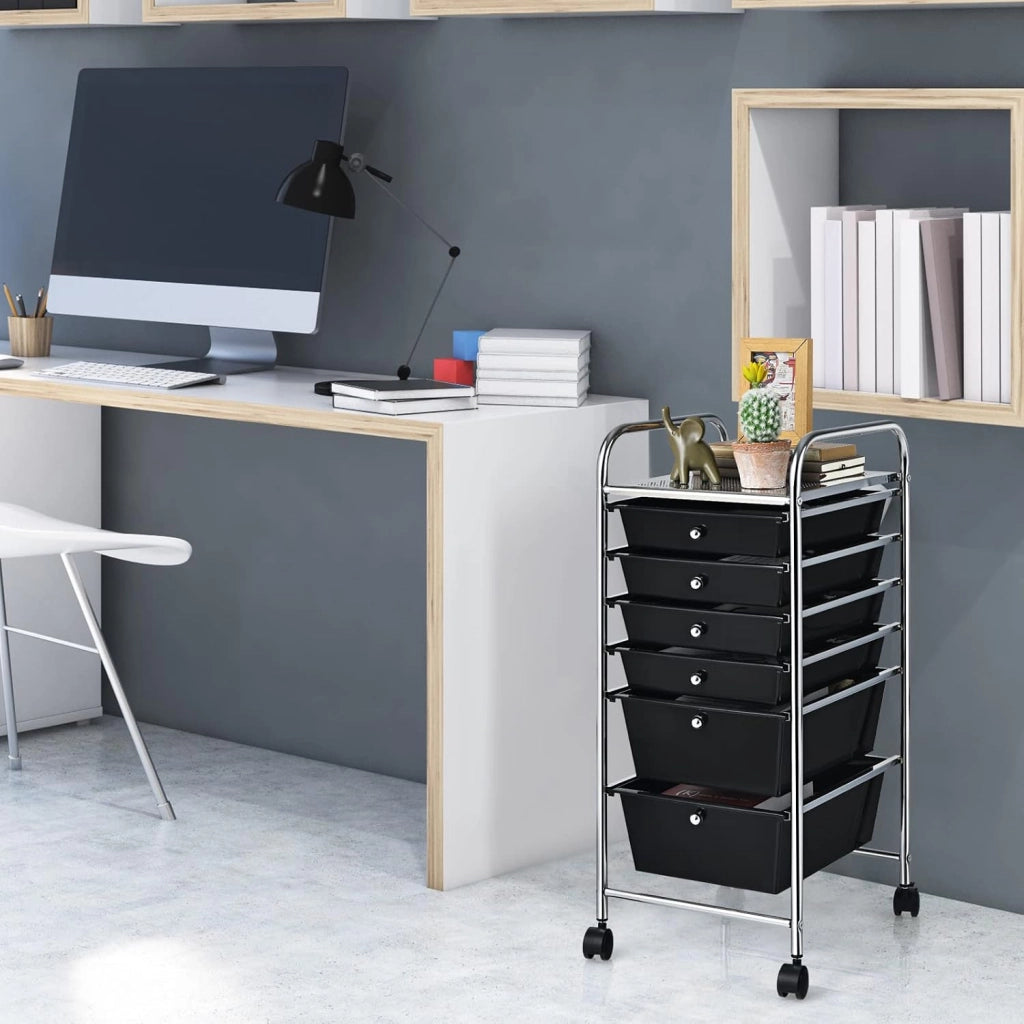 Carrello con 6 Cassetti e Ruote, Cassettiera in Plastica, con Due Dimensioni di Cassetti, Contenitore Multiuso per Casa Bagno e Ufficio, 37 x 74 x 32cm (Nero)