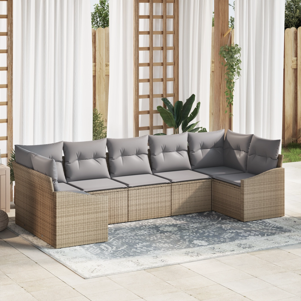 Set da pranzo da giardino 7 pezzi con cuscini beige in polirattan