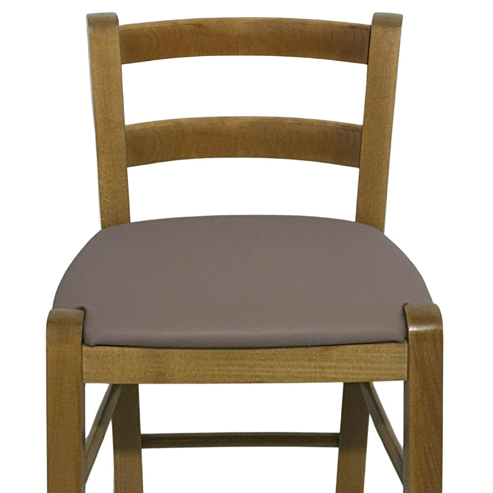 Sgabello in legno noce chiaro con schienale h 66cm con seduta similpelle tortora