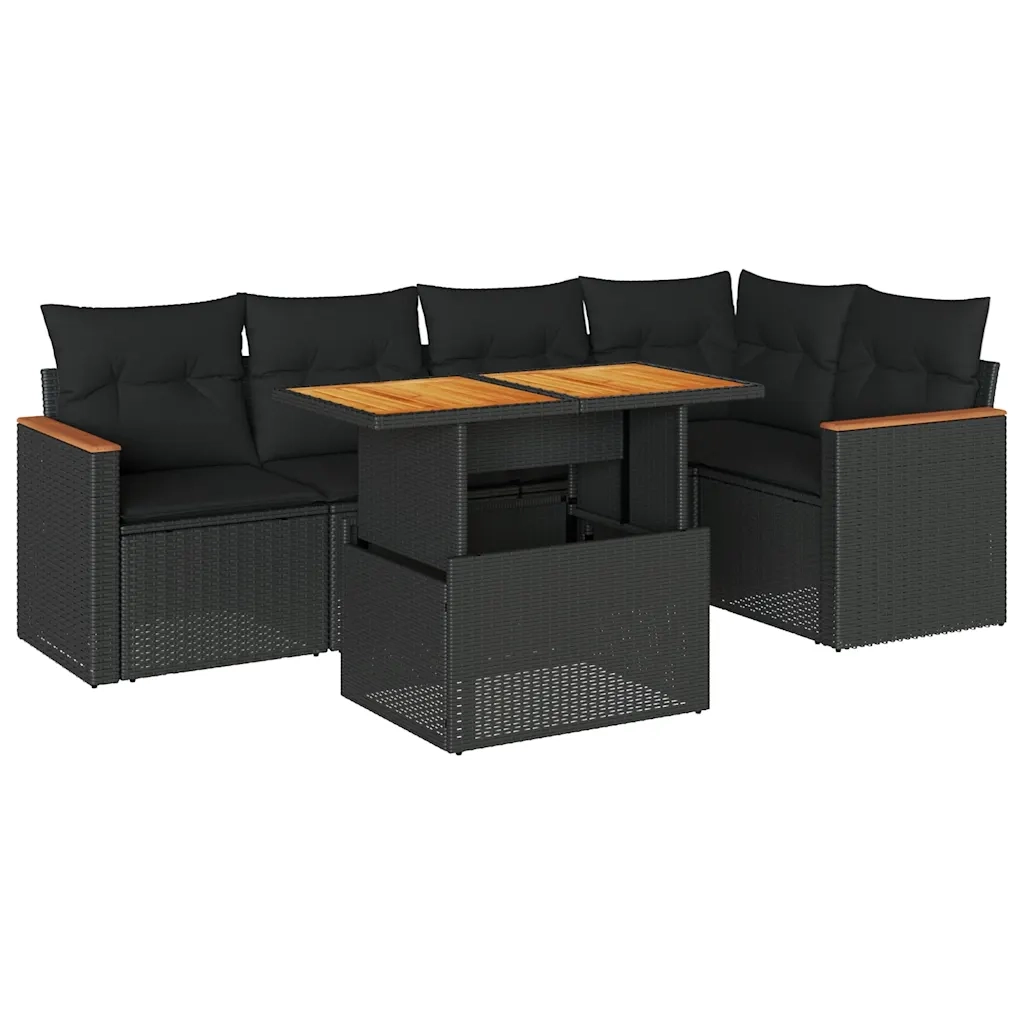 Set Divano da Giardino 6 pz con Cuscini Nero Polyrattan Acacia 3327485