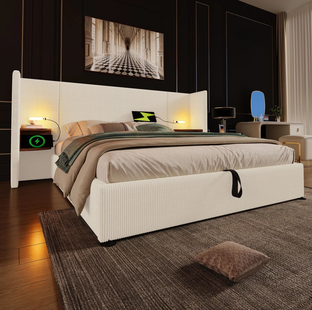 Letto matrimoniale 180x200 cm con contenitore; testiera con mensola e luce LED; tessuto corduroy beige