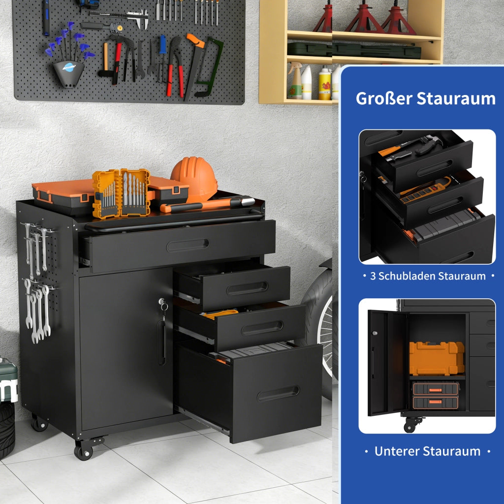 ARMADIO PORTAATTREZZI MOBILE 87,3x75x42 cm Metallo Nero 4 cassetti scomparto chiudibile