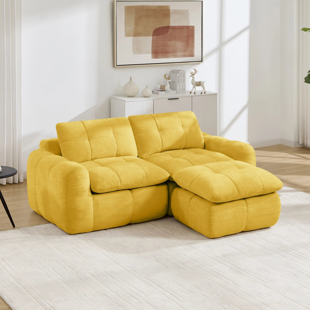 Divano modulare a L 2 posti senza struttura con seduta ergonomica e pouf per salotto e appartamenti in chenille gialla