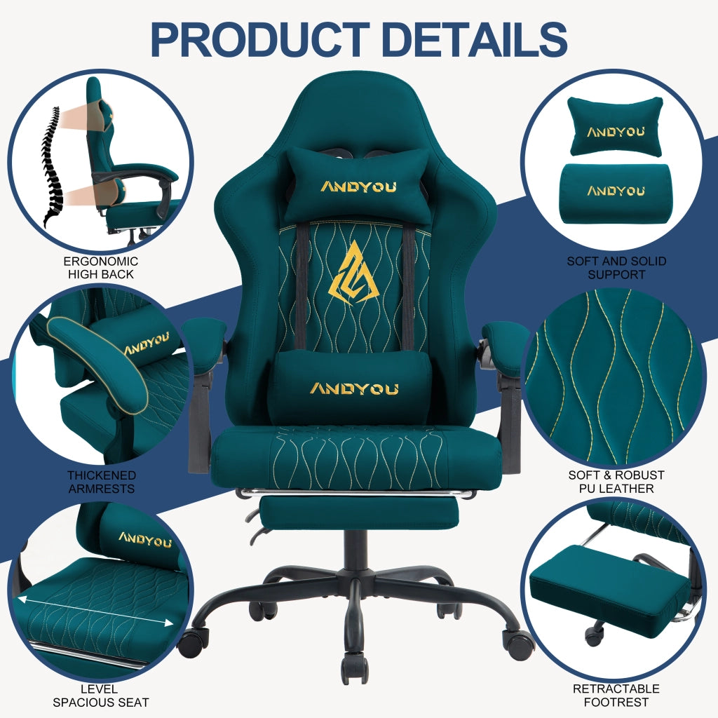 Sedia da gaming con poggiapiedi ¨C zephmum ¨C imbottita, similpelle, blu navy