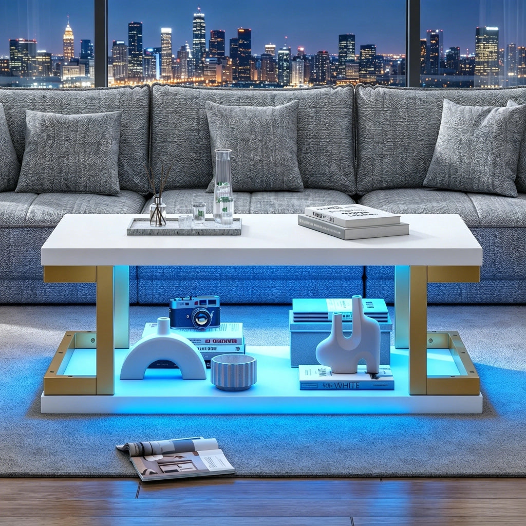 Tavolino da salotto rettangolare con LED; ripiano aperto e portata 50 kg per soggiorno 100 × 50 × 37;5 cm