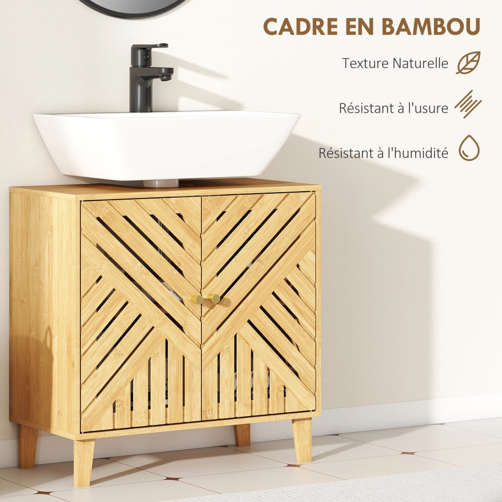 Mobiletto Sottolavabo in Bamb¨´ con Ripiano Regolabile e Ante a Listelli ¨C Zephmum ¨C Naturale 60x30x60 cm