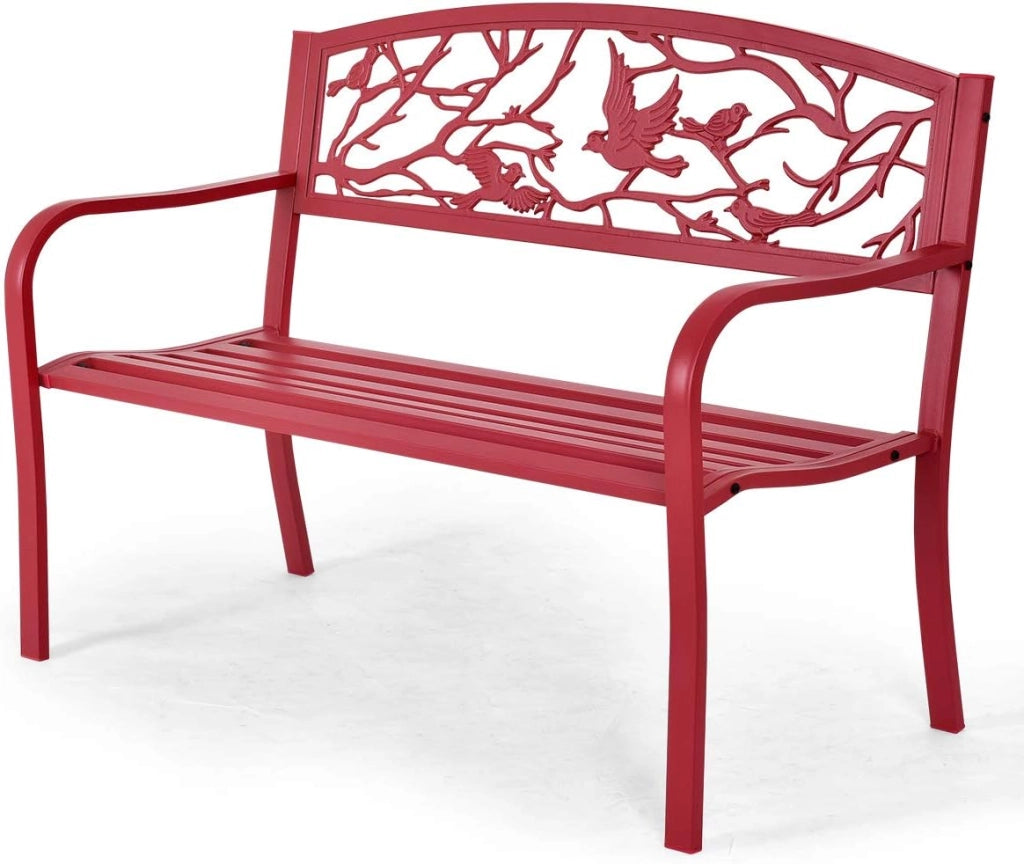 Panchina da Giardino a 2 Posti con Braccioli e Schienale Panchina in Ferro da Esterno， da Parco Terrazzo, 123x60x88 cm, Rosso