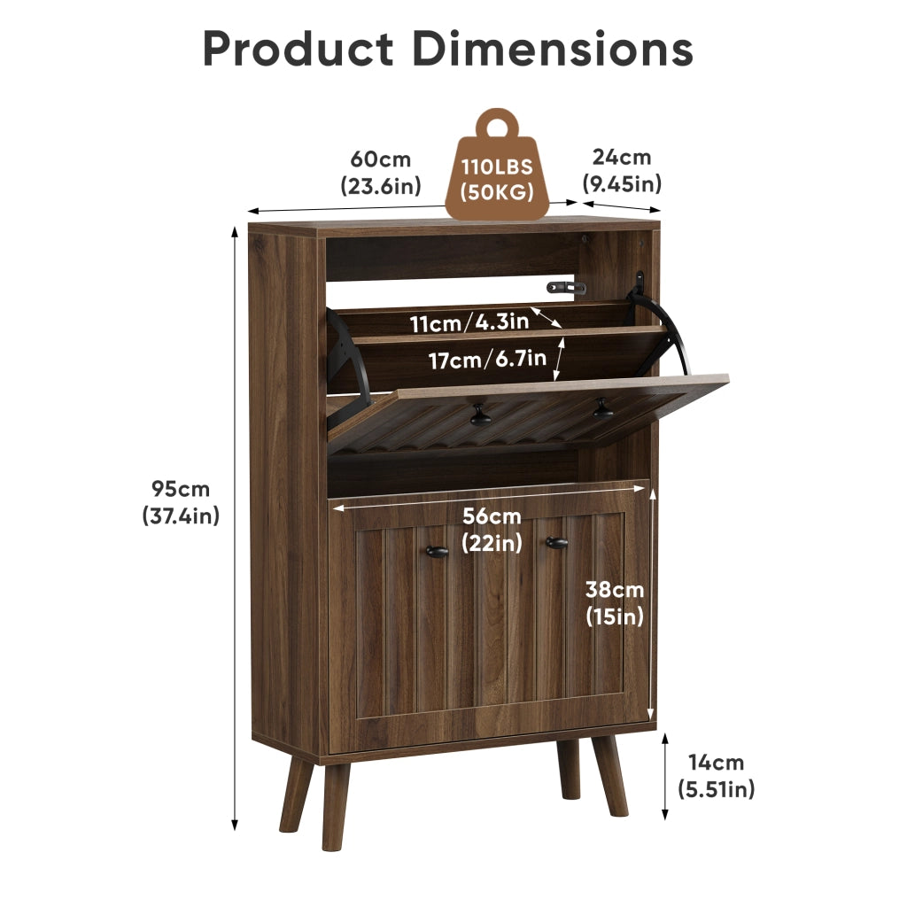 Scarpiera con 2 ante a ribalta ripiani regolabili e vano aperto in MDF e truciolare per ingresso noce 60 × 24 × 95 cm