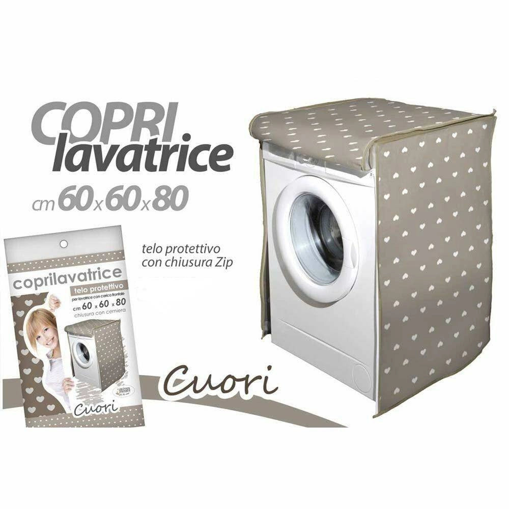 Trade Shop - Telo Copertura Lavatrice Protezione Tessuto Chiusura Zip Cuori Tortora 60x60x80cm -