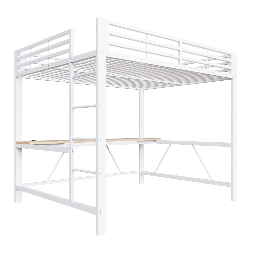 Letto a Soppalco 160x200 cm; Letto Singolo con Scrivania; LED; Guardrail - in Metallo; Bianco