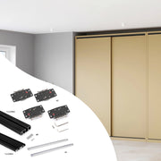 Sistema Flow 2 da superficie in kit per un armadio con 2 ante scorrevoli in legno supportate da chiusura ammortizzata
