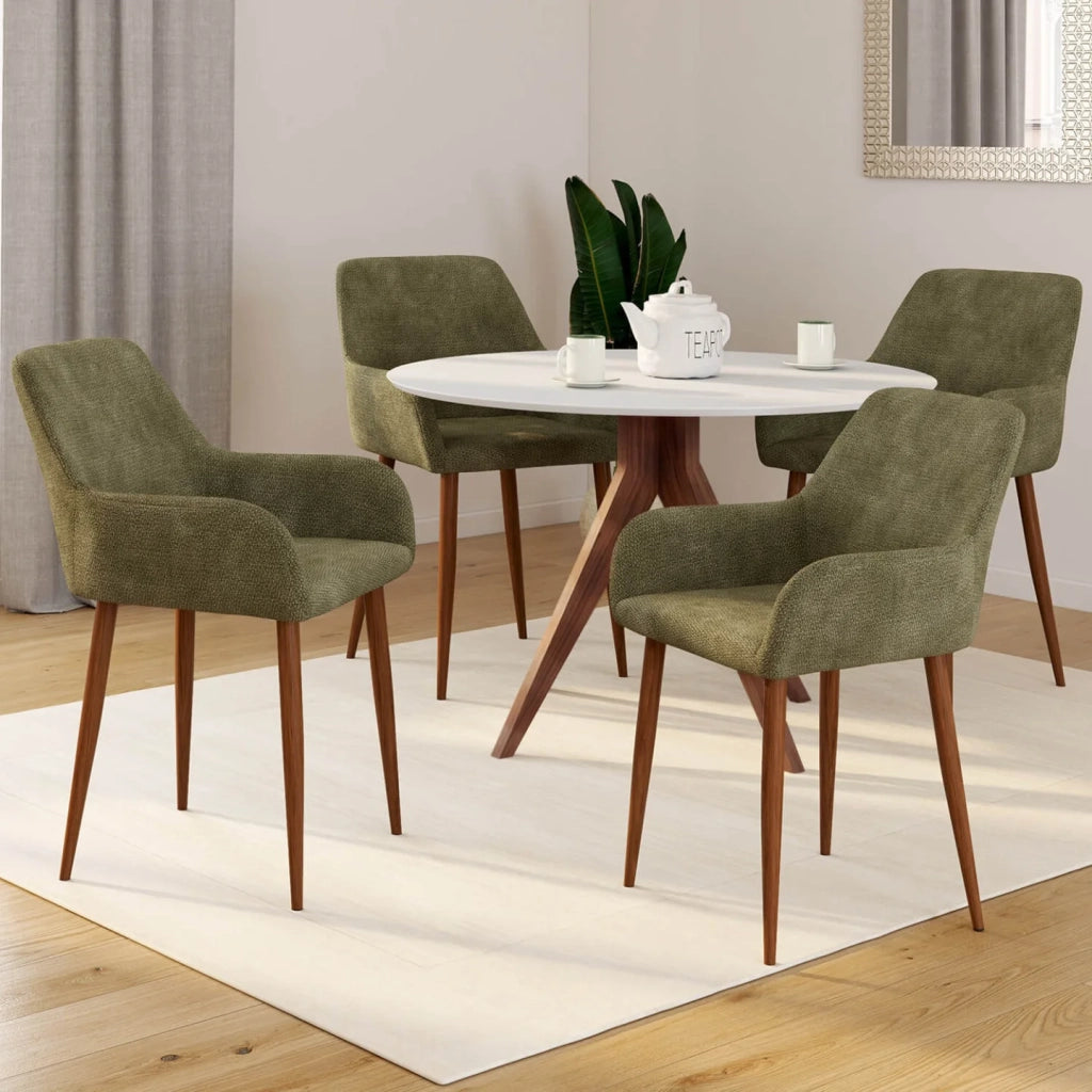 IDMarket - Set di 4 sedie RORY in tessuto chenille verde con gambe in noce per sala da pranzo