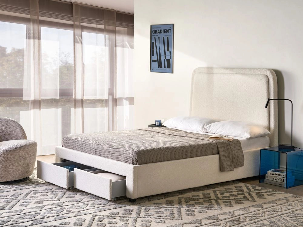 Letto imbottito in bouclé bianco panna 140 x 200 cm Design scandinavo con testiera morbida a cassetti