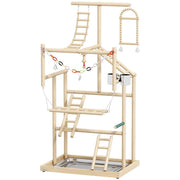 TRESPOLO PER PAPPAGALLI CON GIOCHI, SCALE, CATENE, CIOTOLE, VASSOIO RIMOVIBILE E POSATOI, LEGNO NATURALE