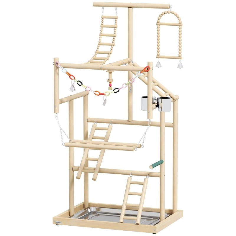 TRESPOLO PER PAPPAGALLI CON GIOCHI, SCALE, CATENE, CIOTOLE, VASSOIO RIMOVIBILE E POSATOI, LEGNO NATURALE