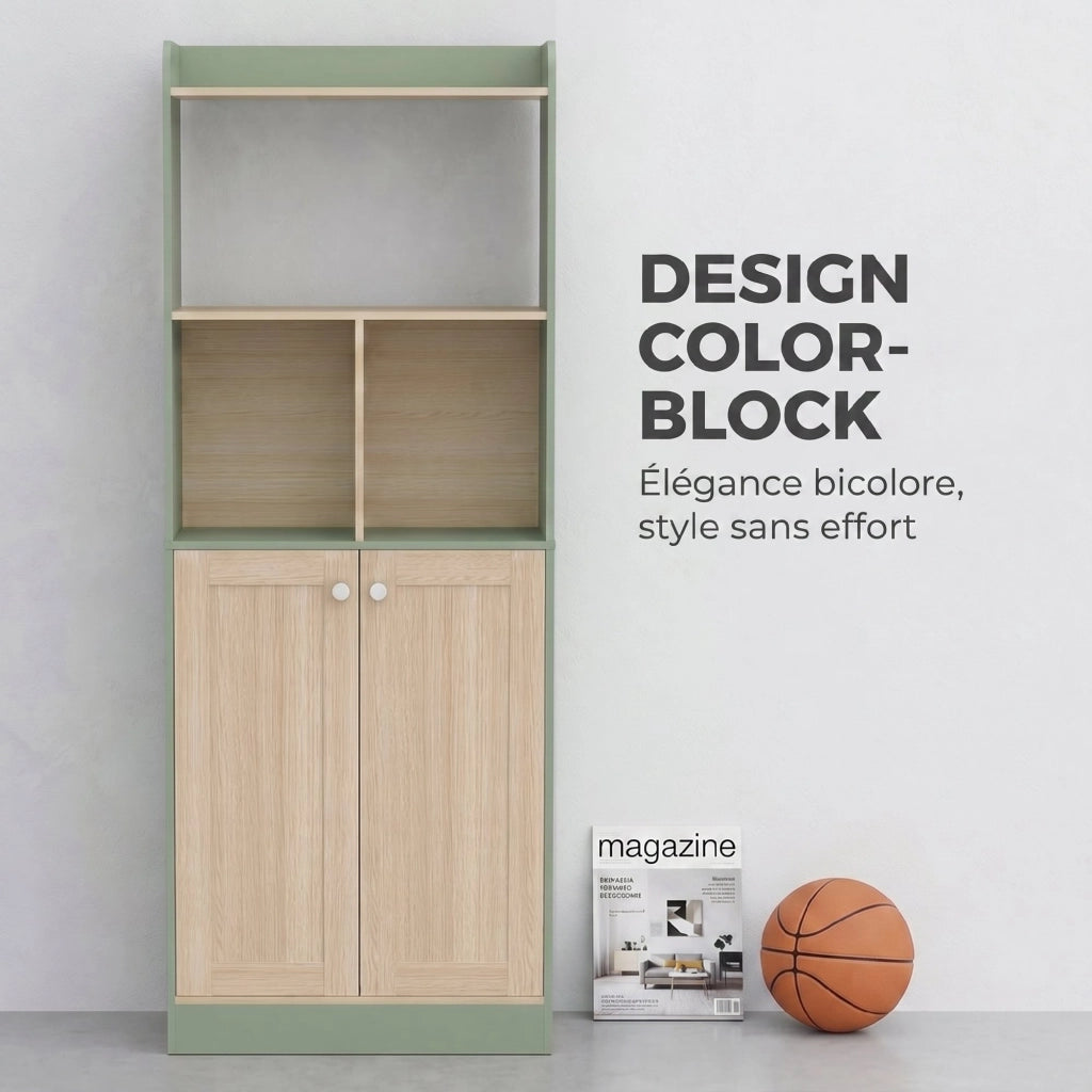 Libreria 5 ripiani con 2 ante ¨C Xylo ¨C Legno naturale e verde 60x30x161cm