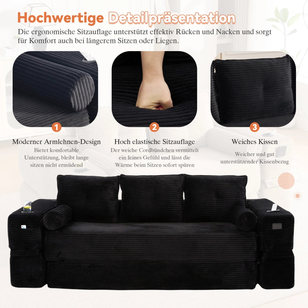 Divano letto modulare in velluto a coste con cuscini memory, tasche laterali e portabevande, nero 232 × 98 × 80 cm