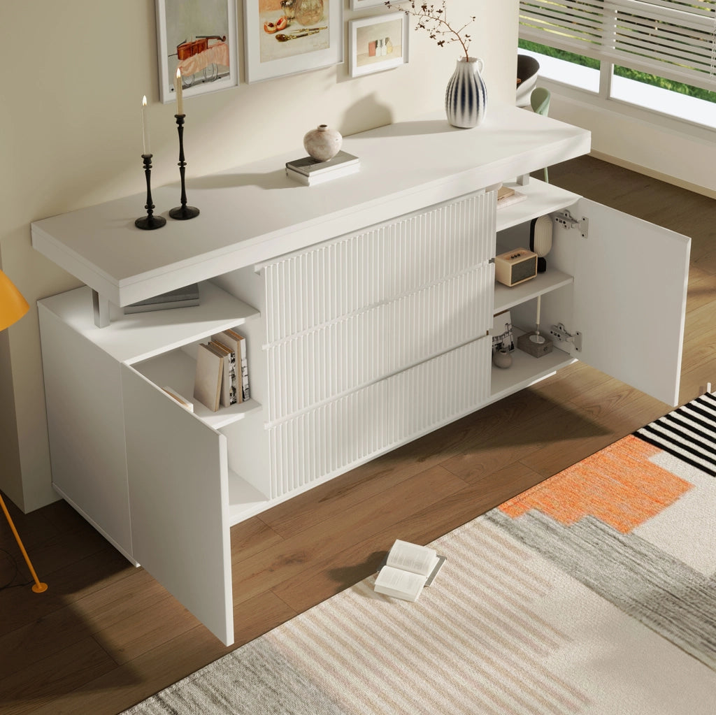 Credenza LED bianca 150 cm con 6 cassetti e 2 ante