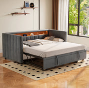 Divano letto estraibile 90x190 cm in velluto grigio scuro con LED; USB Type-C e contenitore
