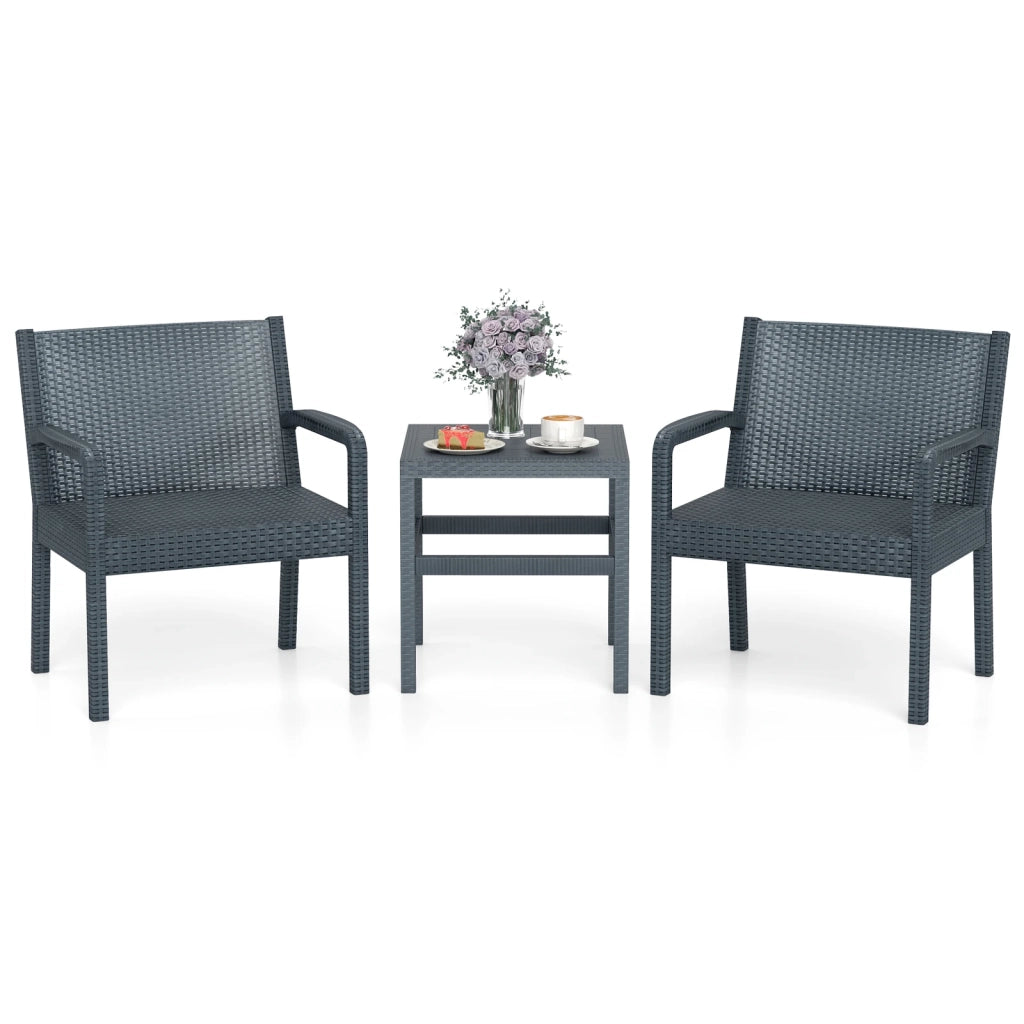 Set mobili da giardino 3 pezzi in resina effetto rattan, 2 sedie e tavolino per balcone e terrazza, grigio, resistente