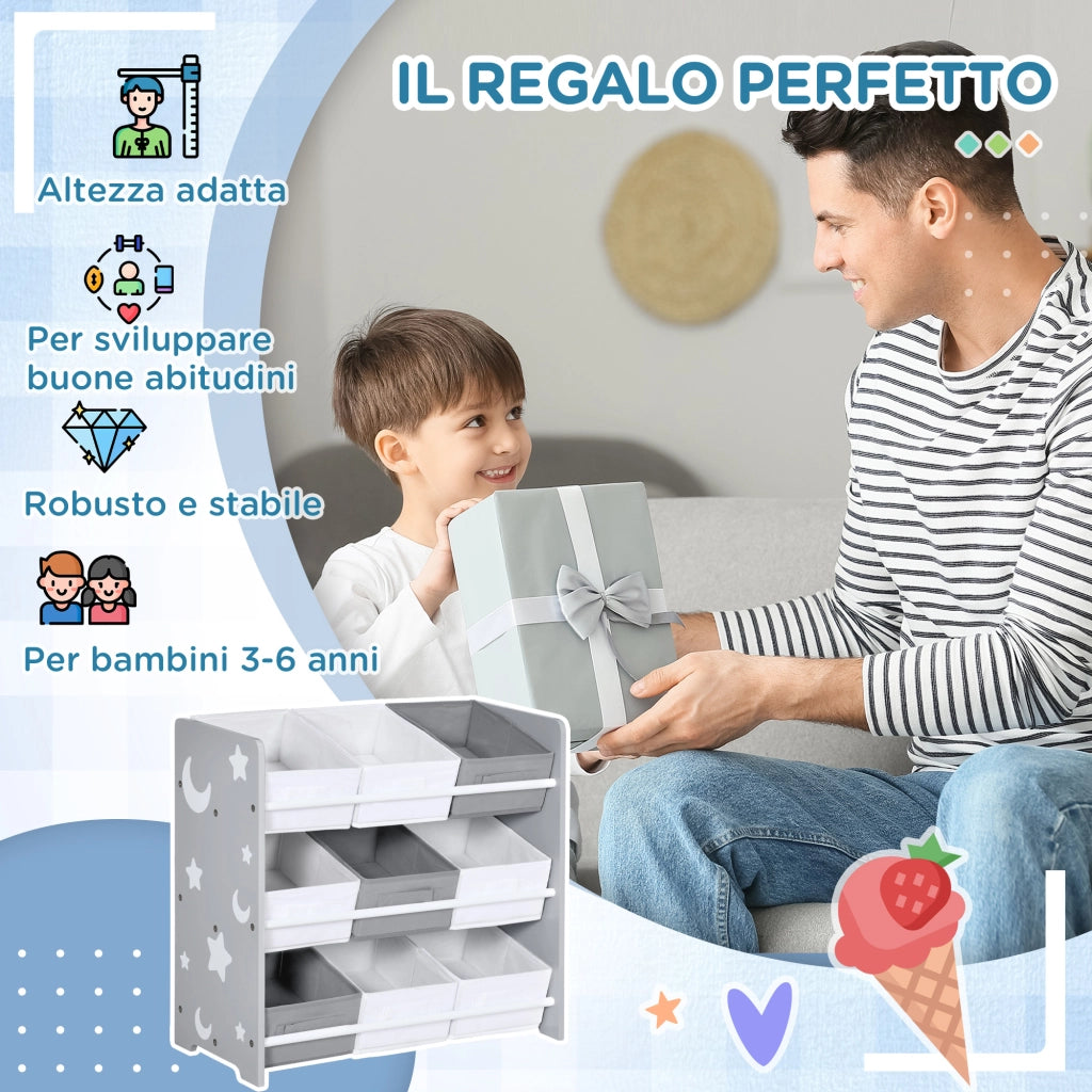 Mobiletto Portagiochi con 9 Cestini Rimovibili in MDF e Tessuto, 63x30x60cm, Grigio e Bianco