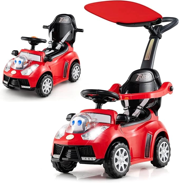 3 in 1 Auto a Spinta, Macchinina da Passeggio con Clacson, Musica, Luci, Cintura di Sicurezza, Tettuccio e Manico, Macchina Cavalcabile per Bambini 1+ Anni (Rosso)