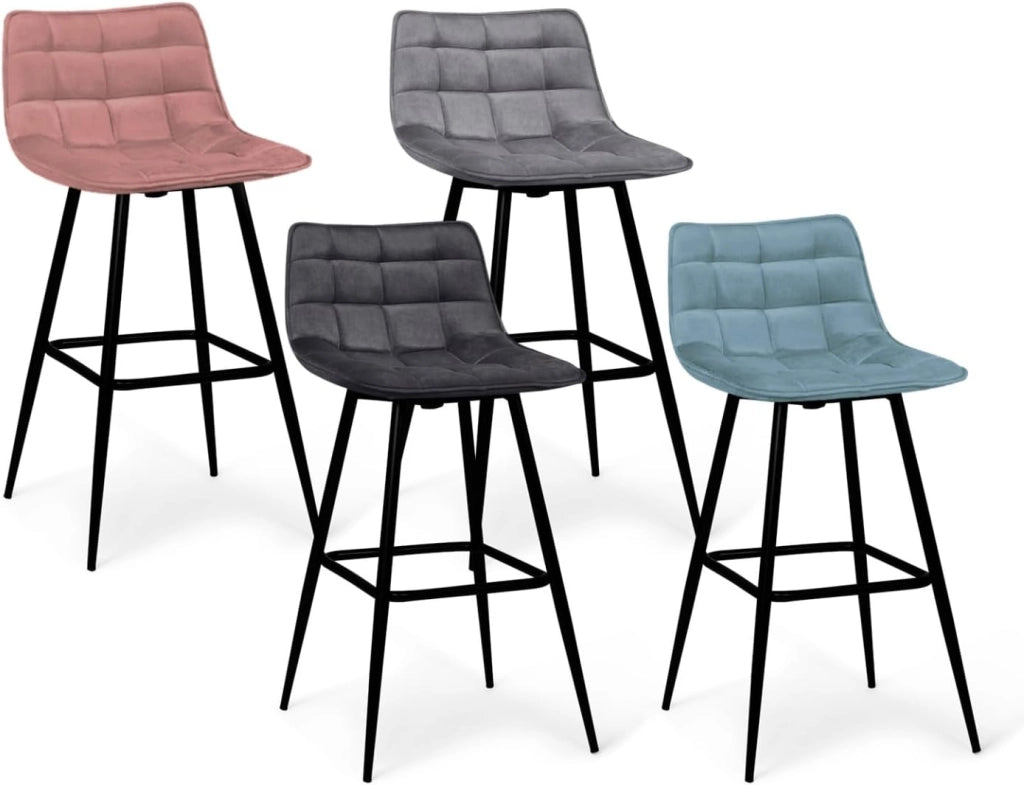 Set di 4 sgabelli da bar MADY in velluto blu pastello, grigio chiaro, grigio scuro e rosa