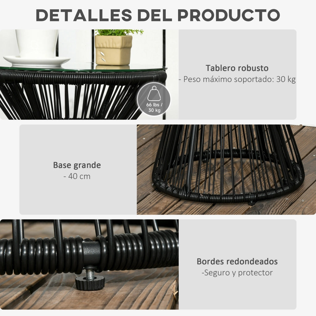 Tavolo da giardino in polyrattan con piano in vetro e struttura in metallo ¨C zephmum ¨C Nero ?40x42 cm