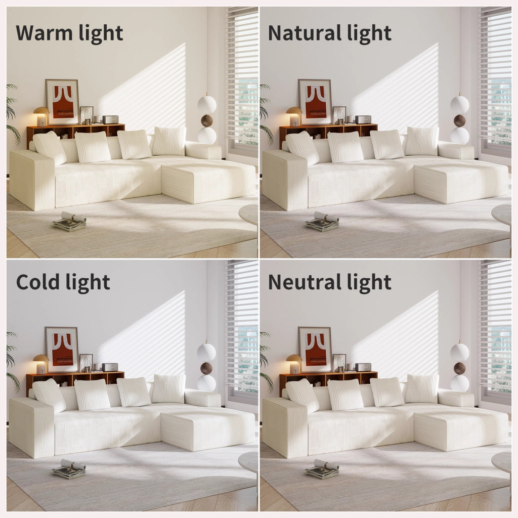 Divano angolare modulare 3 posti con seduta profonda e 4 cuscini, velluto a coste bianco 261 × 146 × 65 cm