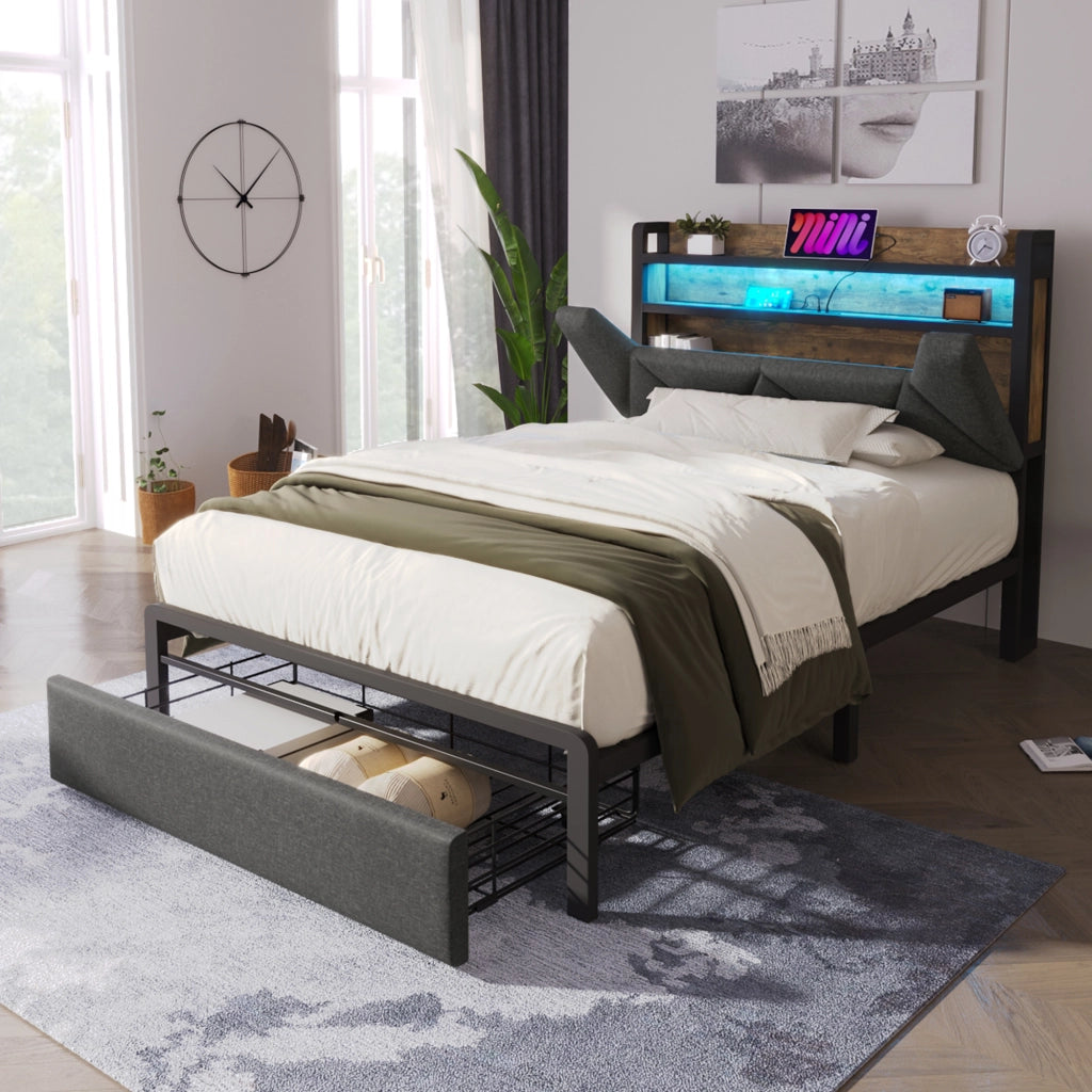Letto con Cassetti 90 x 200 cm; Letto Singolo - USB; Type-C; LED e Testiera con Vano