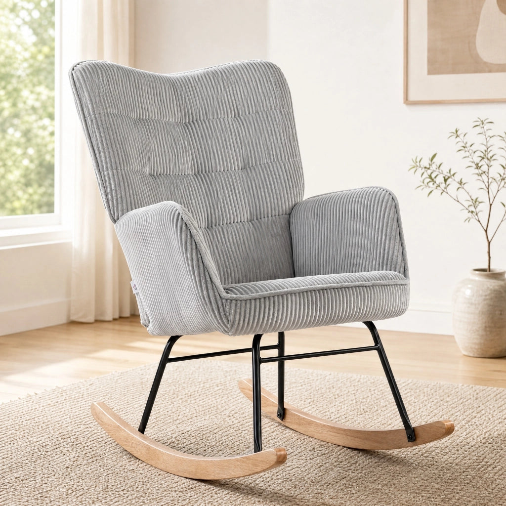 Poltrona a dondolo 98x71x101 cm con schienale alto e braccioli in poliestere grigio chiaro