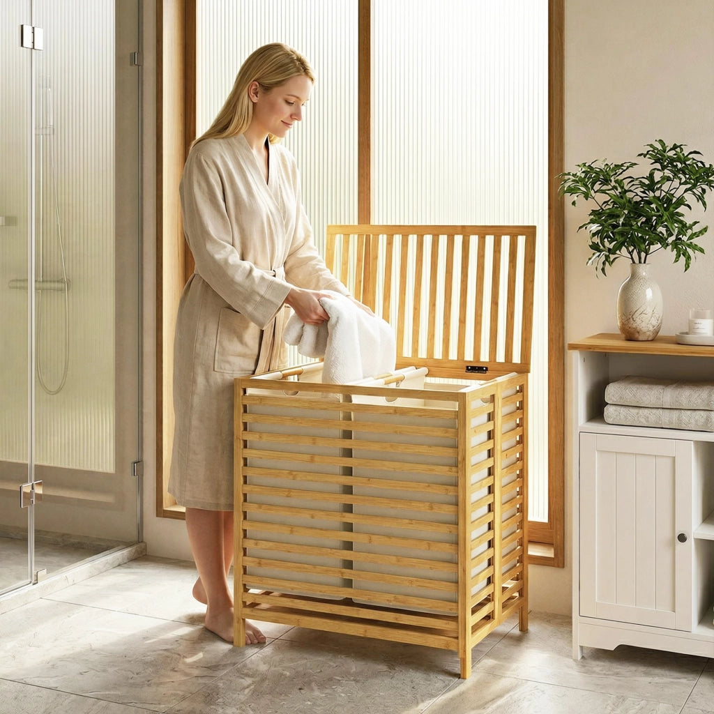 Cestino bucato in bamb¨´ con coperchio, 2 cestini, pieghevole, 64L ¨C zephmum ¨C Naturale e crema bianco