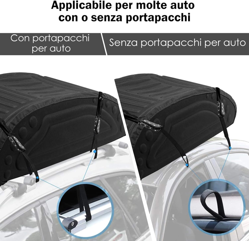 Borsa da Tetto per Auto Impermeabile 14Cu.Ft/400L, Box Tetto Universale Pieghevole con Borsa+ 4 Cinghie Rinforze+ 4 Ganci, Portabagagli per Tutti i Veicoli con/senza Barre Portapacchi